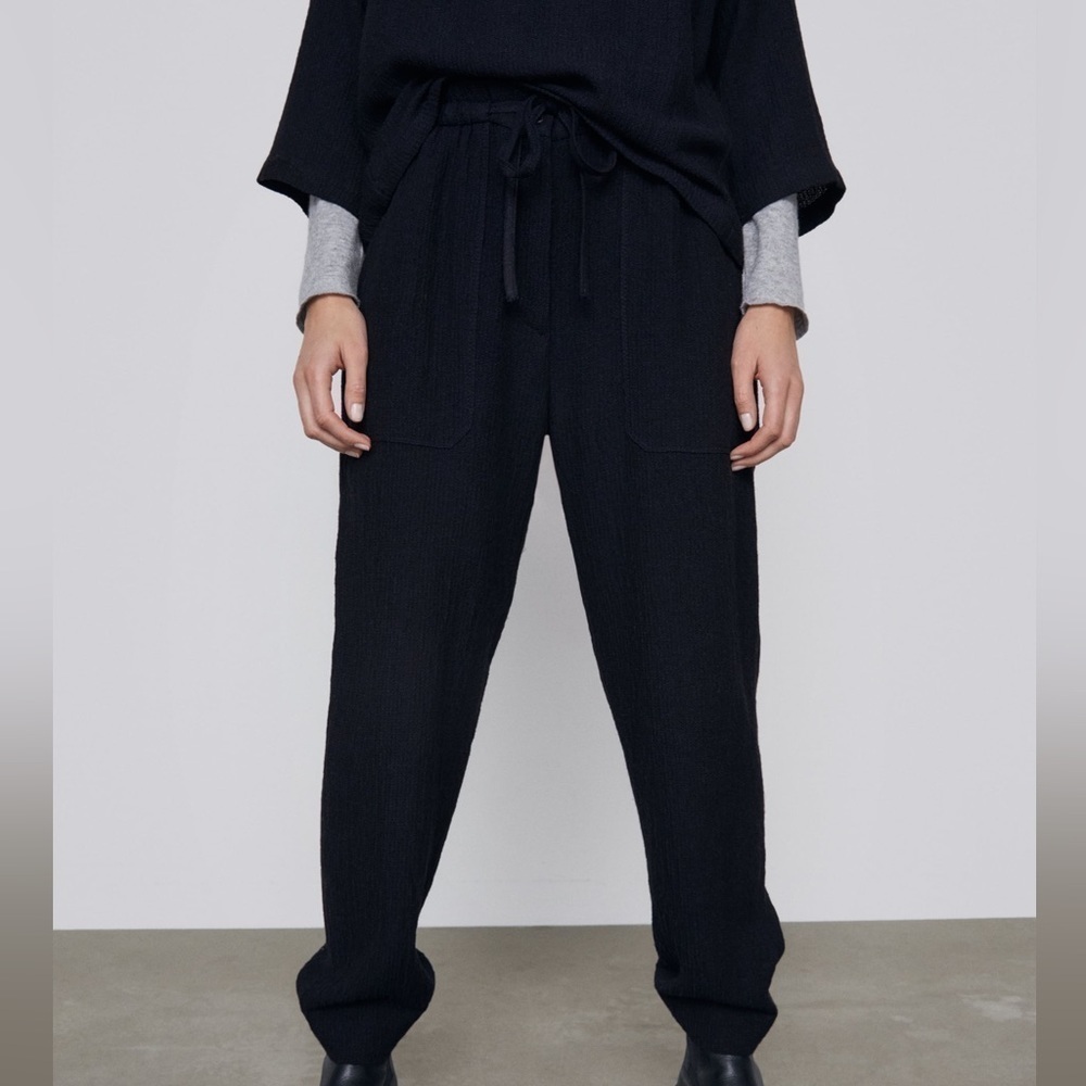 Zara High Waisted Textured Trouser Blue - S